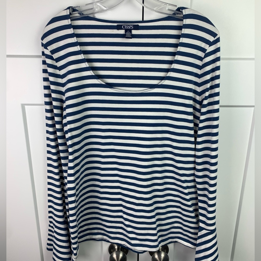 NWT Chaps LARGE Blue White Stripe Tee Long Sleeve Flare Scoop